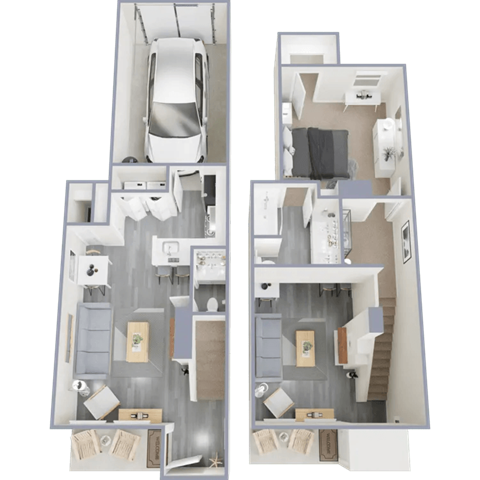Floor plan for 1 bed, 1.5 baths, 899 sqft